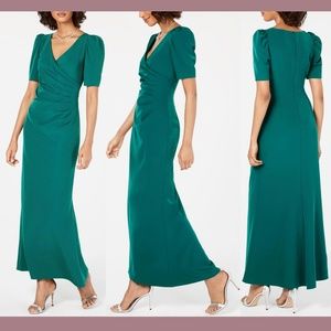 NWT Adrianna Papell [PETITE SZ 4P ] Puff-sleeve Ruched Gown‎ In Dark Jade